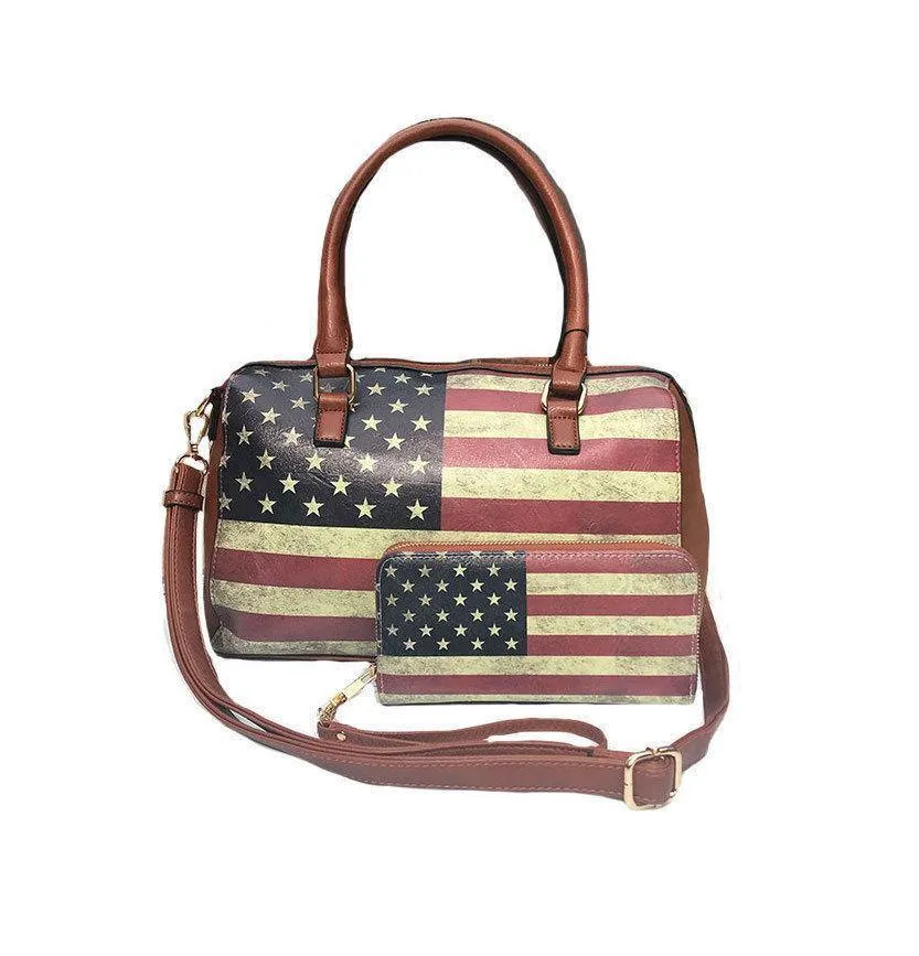 USA Flag Tote Satchel Handbag Wristlet Gift Set For Women Wife Mom Girlfriend