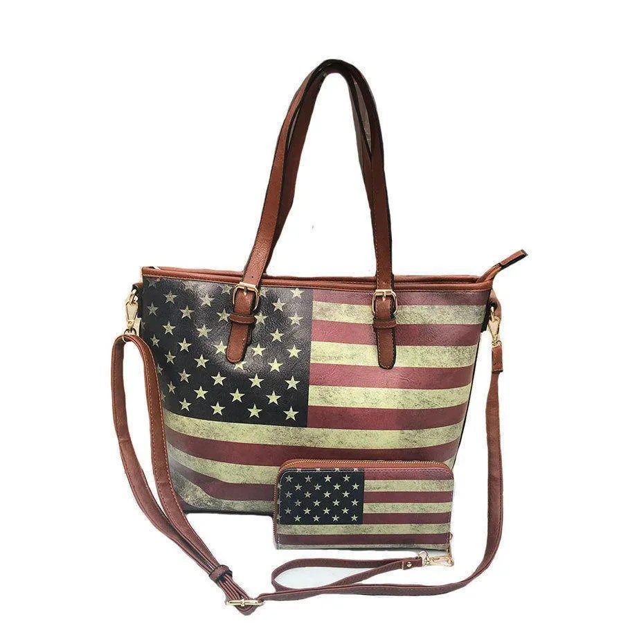 USA Flag Tote Satchel Handbag Wristlet Gift Set For Women Wife Mom Girlfriend