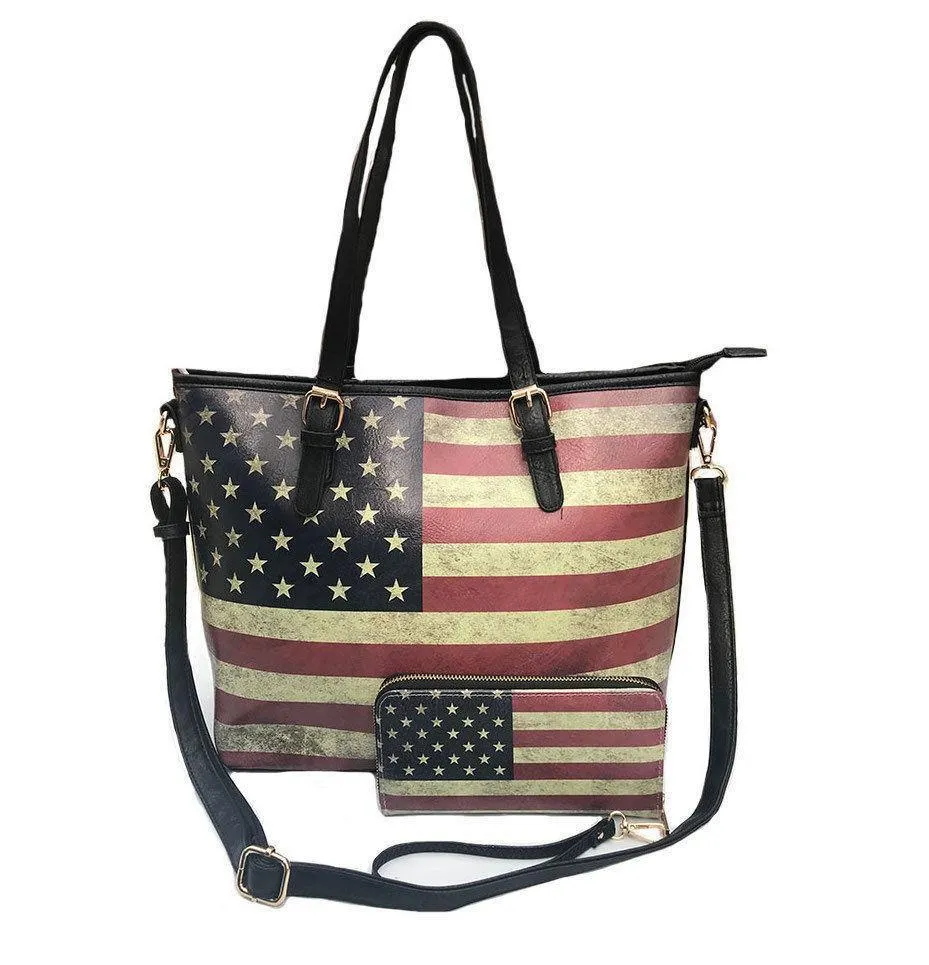 USA Flag Tote Satchel Handbag Wristlet Gift Set For Women Wife Mom Girlfriend