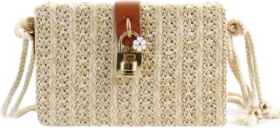 Van Caro Handwoven Cotton Straw Shoulder Bag Crochet Tassel Beach Bohemian Purse for Women
