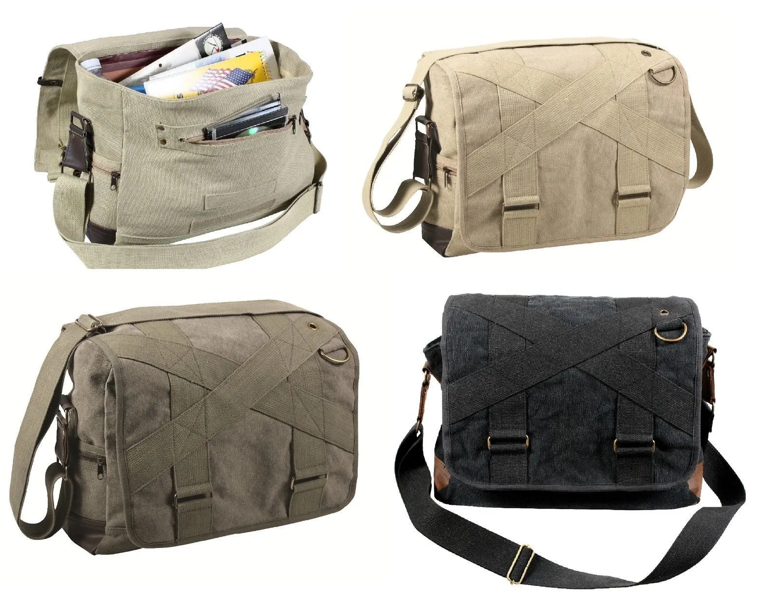 Vintage Outback Messenger Bags - Canvas Book Bags Schoolbag w/ Leather