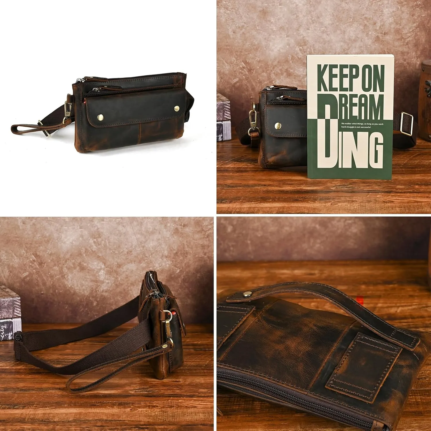 Water Resistant Canvas   Leather Hiking Riding Travel Fanny Waist Pack Small Phone Pouch For Men Women FB811-29 (100% Leather-The 8136 Brown)