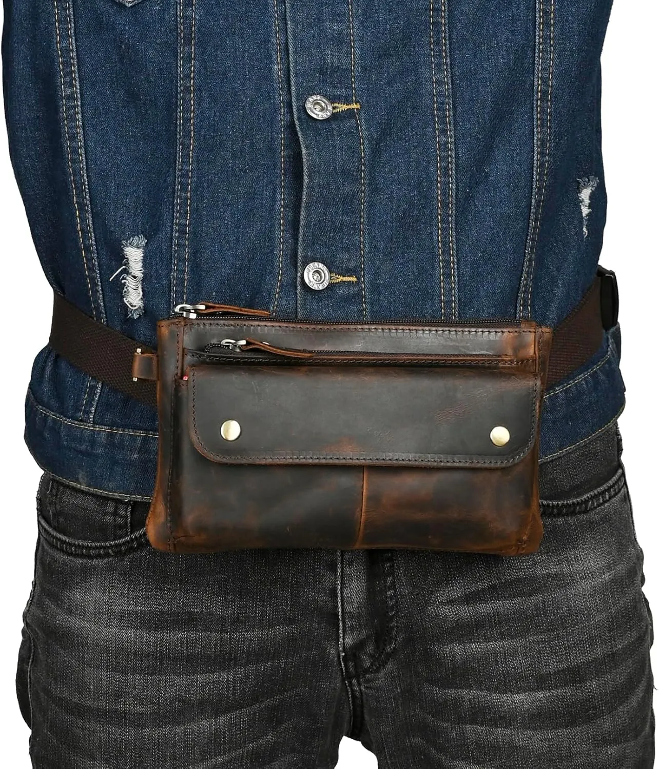 Water Resistant Canvas   Leather Hiking Riding Travel Fanny Waist Pack Small Phone Pouch For Men Women FB811-29 (100% Leather-The 8136 Brown)