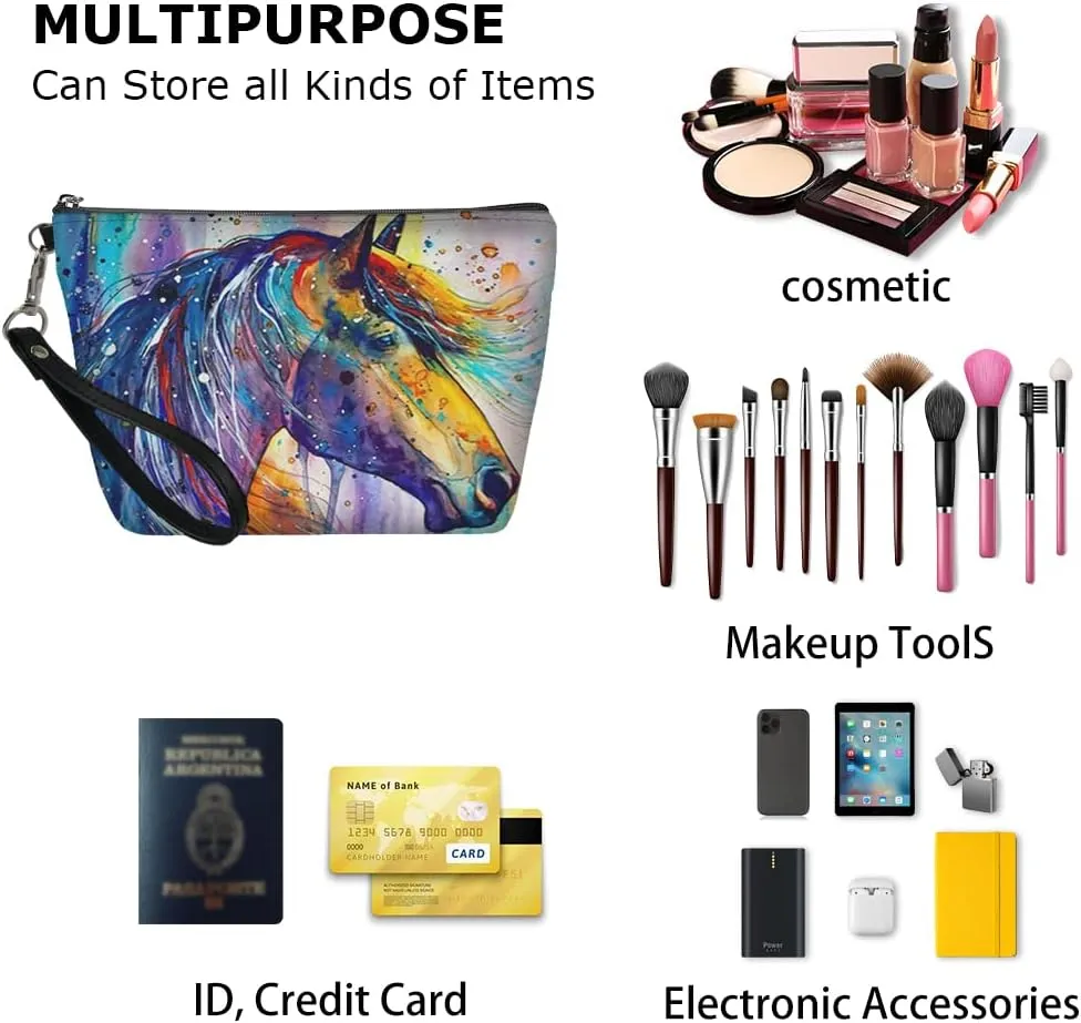 Watercolor Horse Cosmetic Bag Small Makeup Pouche PU Leather Zip Makeup Bags with Wrist Strap for Women Gifts