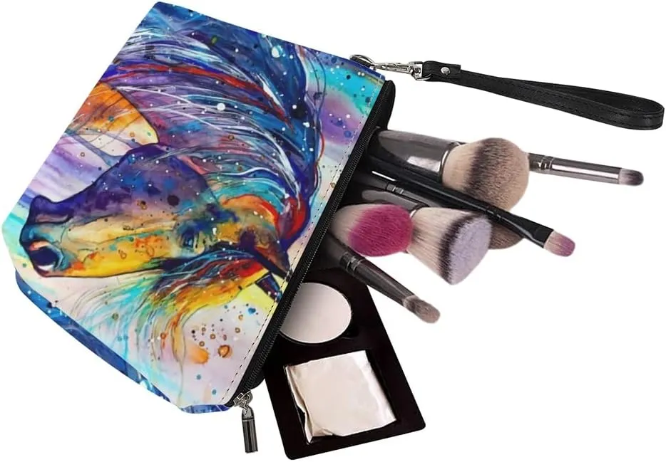 Watercolor Horse Cosmetic Bag Small Makeup Pouche PU Leather Zip Makeup Bags with Wrist Strap for Women Gifts
