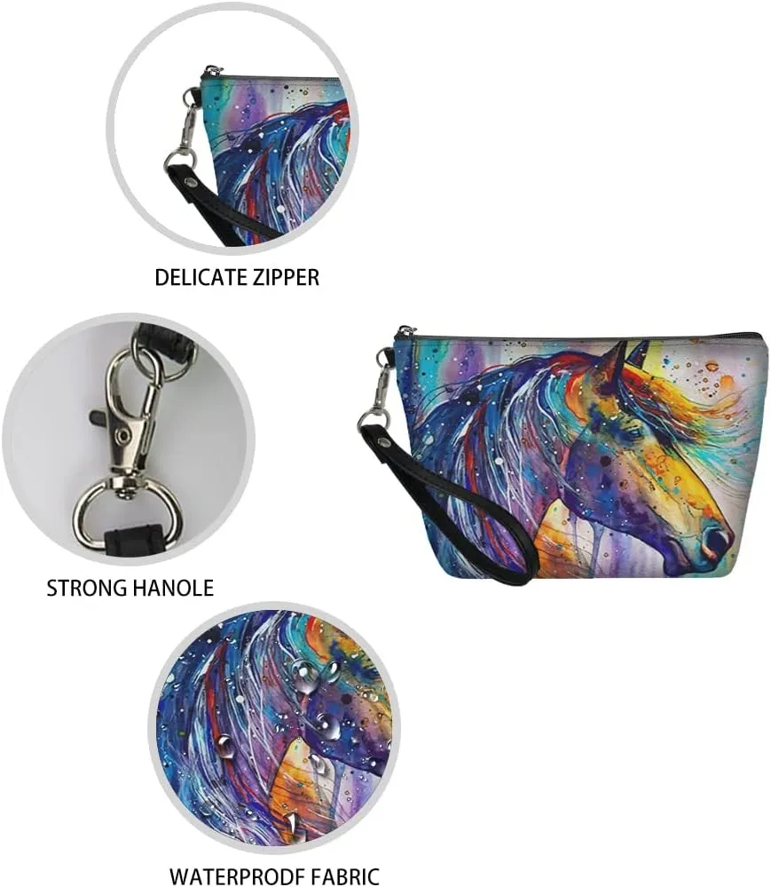 Watercolor Horse Cosmetic Bag Small Makeup Pouche PU Leather Zip Makeup Bags with Wrist Strap for Women Gifts