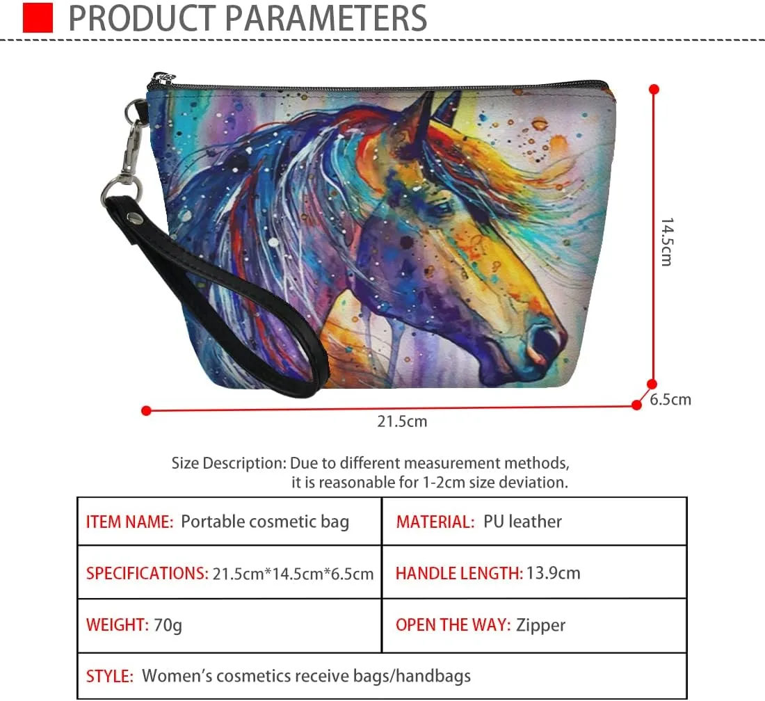 Watercolor Horse Cosmetic Bag Small Makeup Pouche PU Leather Zip Makeup Bags with Wrist Strap for Women Gifts