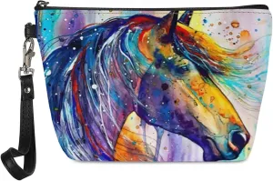 Watercolor Horse Cosmetic Bag Small Makeup Pouche PU Leather Zip Makeup Bags with Wrist Strap for Women Gifts