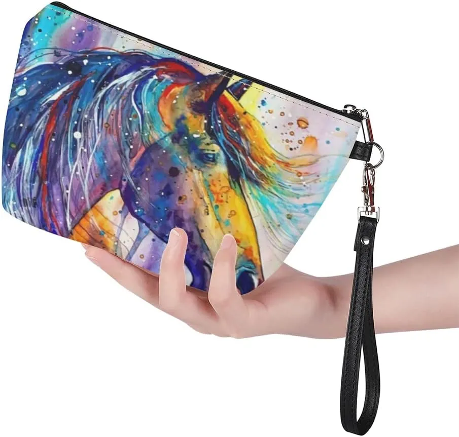 Watercolor Horse Cosmetic Bag Small Makeup Pouche PU Leather Zip Makeup Bags with Wrist Strap for Women Gifts