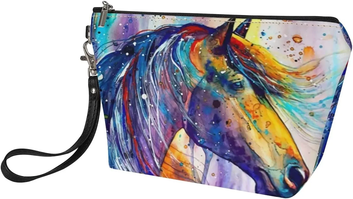 Watercolor Horse Cosmetic Bag Small Makeup Pouche PU Leather Zip Makeup Bags with Wrist Strap for Women Gifts